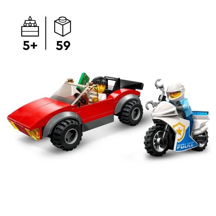 LEGO City 60392 La Course-Poursuite de la Moto de Police, Jouet Voitur