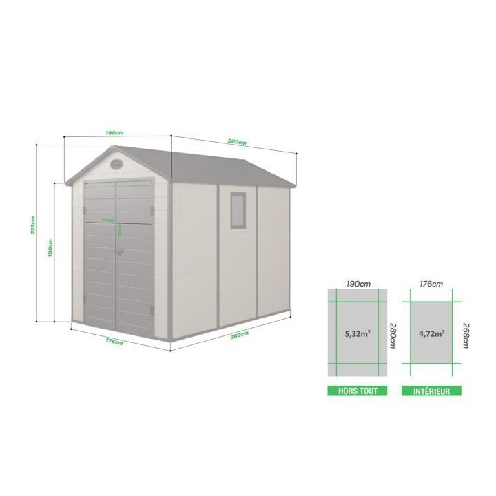 Abri de jardin en résine 5,32 m² - Kit d'ancrage inclus - Beige et m