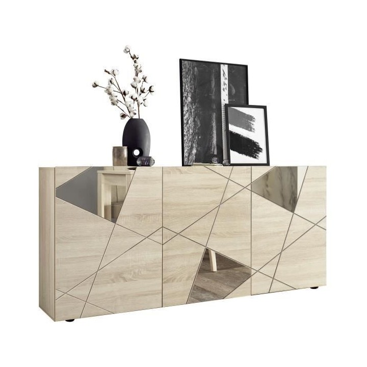 Buffet VICTORY - Décor Chene Sonoma - 3 Portes - Miroir - L 181 x P 4