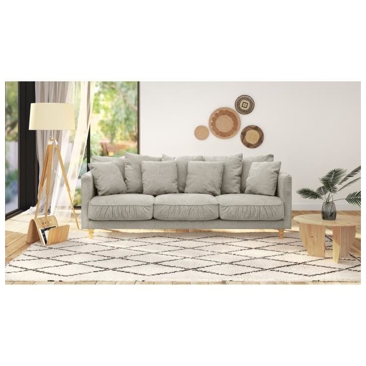 Canapé fixe 4 places CONSTANCE - Tissu beige - Pied en bois massif -