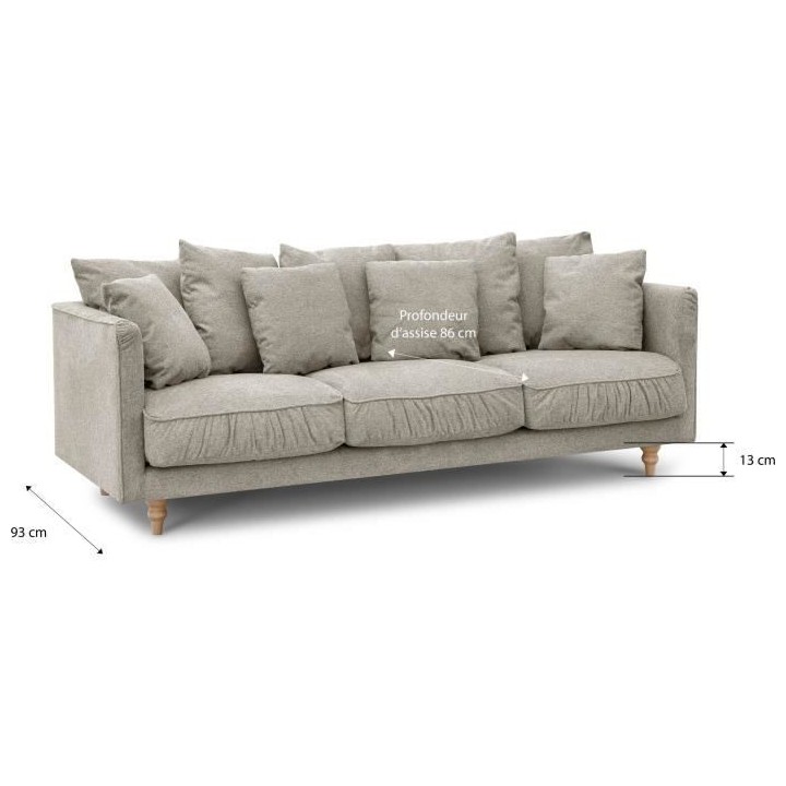 Canapé fixe 4 places CONSTANCE - Tissu beige - Pied en bois massif -