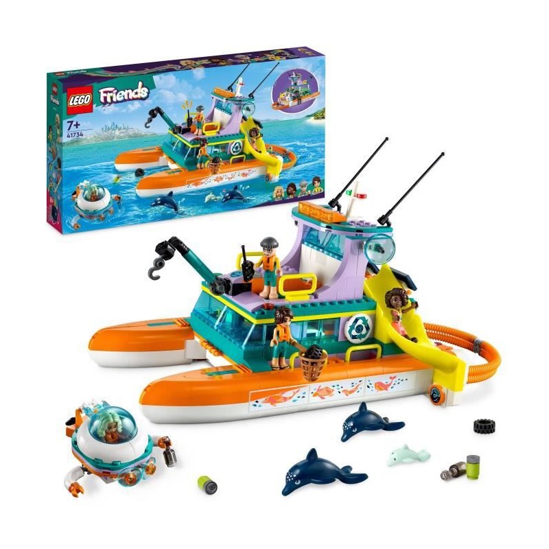 LEGO Friends 41734 Le Bateau de Sauvetage en Mer, Jouet avec Figurines de Dauphins et Sous-Marin