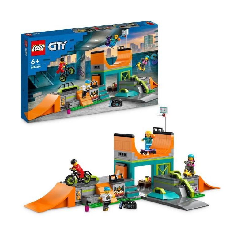 LEGO City 60364 Le Skatepark Urbain, Jouet de Cascade avec Vélo BMX, Skateboard et Rollers