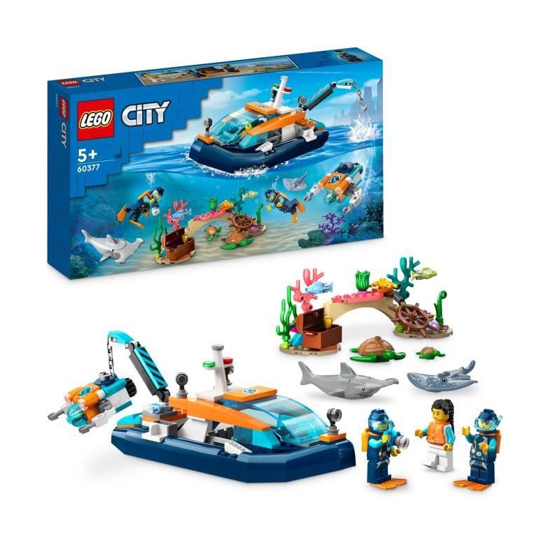 LEGO City 60377 Le Bateau d'Exploration Sous-Marine, Jouet avec Figurines Animaux Marins