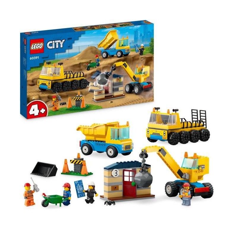 LEGO City 60391 Les Camions de Chantier et la Grue a Boule de Démolition, Jouet de Engin de Construction