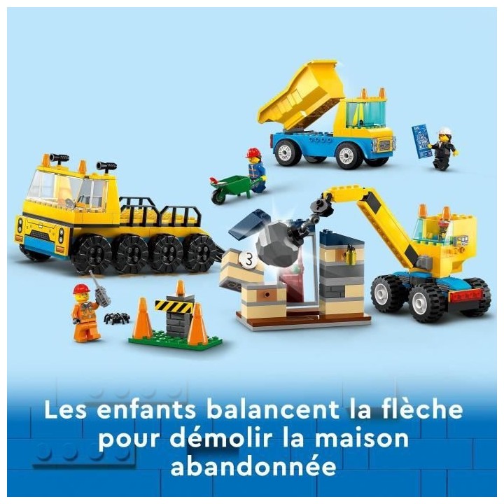 LEGO City 60391 Les Camions de Chantier et la Grue a Boule de Démolit