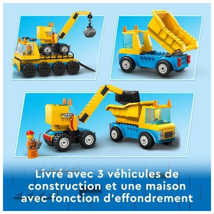 LEGO City 60391 Les Camions de Chantier et la Grue a Boule de Démolit