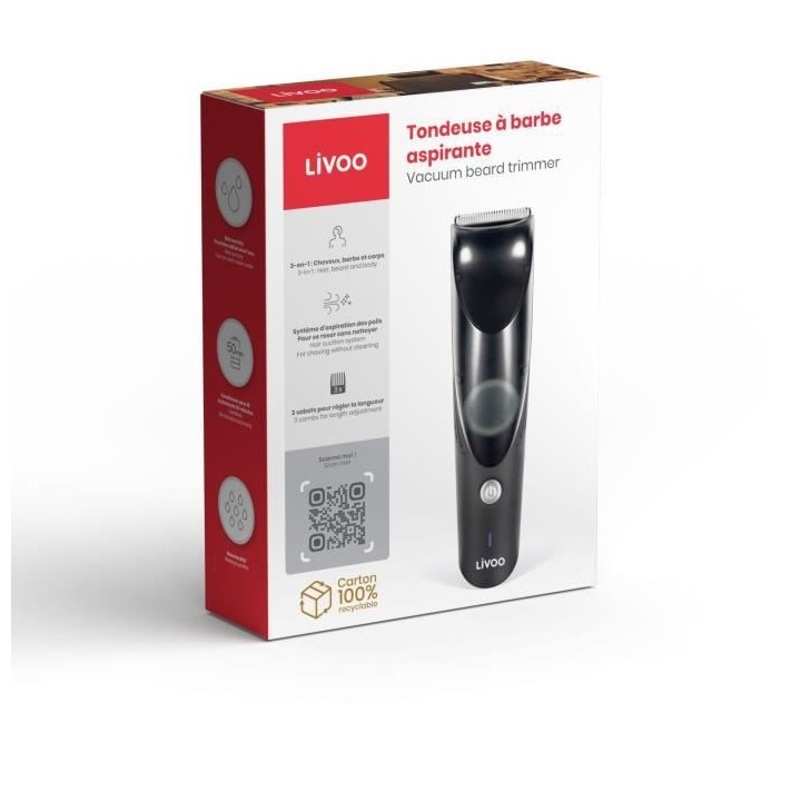 Tondeuse aspirante sans fil LIVOO - Cheveux / barbe et corps -3 sabots