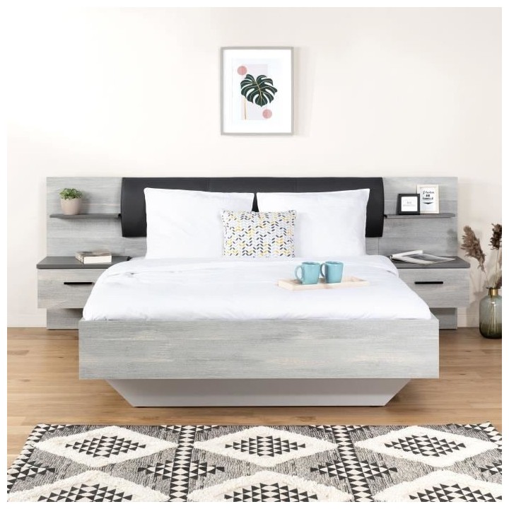 LEONARD Lit adulte 140 x 190 cm + 2 Chevets et Tete de lit en simili -
