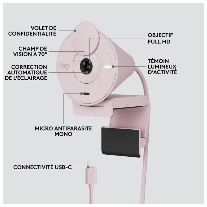 Logitech Brio 300 Webcam Full HD avec confidentialité, micro a réduc