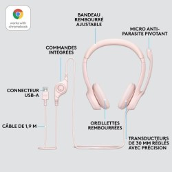 Logitech H390 Casque Filaire Stéréo avec Microphone Antibruit, USB-A - Rose