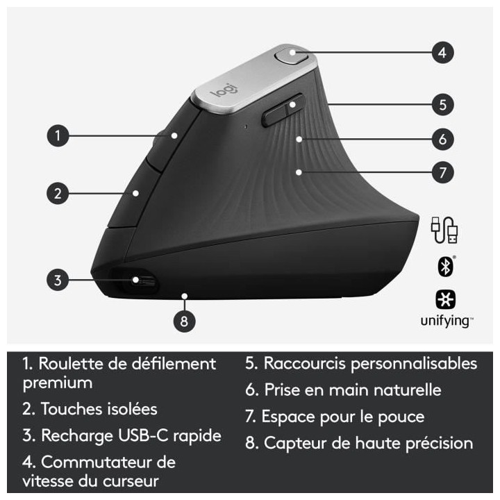 Souris Ergonomique - Sans fil - LOGITECH - MX VERTICAL - Graphite