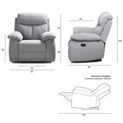 Fauteuil relax manuel - BELEM - Tissu Gris - L 97 x P 94 x H 101 cm