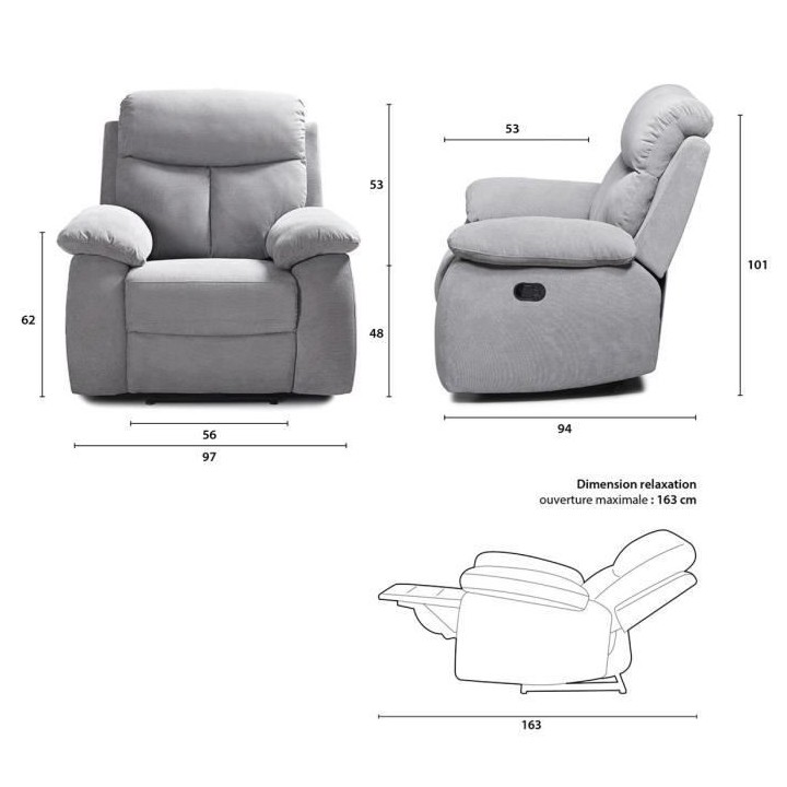 Fauteuil relax manuel - BELEM - Tissu Gris - L 97 x P 94 x H 101 cm