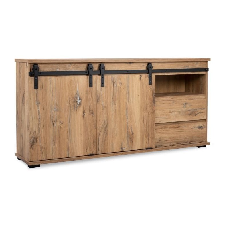 Buffet Manzano - Panneaux de particules - Chene Flagstaff - 2 portes coulissantes, 2 tiroirs, 1 niche - L 180 x H 87 x l 40 cm