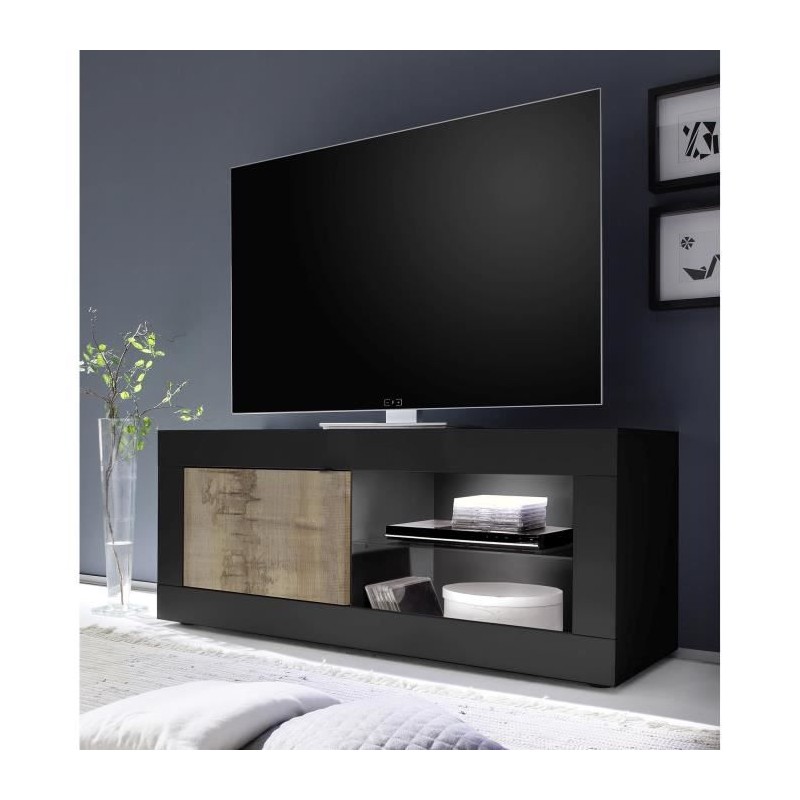 Meuble TV Style Vintage BASICO 1 Porte - Décor Chene Pero et Noir mat - L140 x H56 x P43 cm