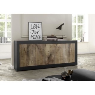 Buffet BASICO - Décor Noir mat et Chene Pero - 4 Portes - L 207 x P 4