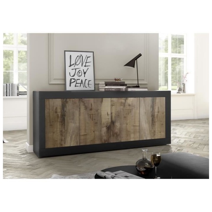 Buffet BASICO - Décor Noir mat et Chene Pero - 4 Portes - L 207 x P 4