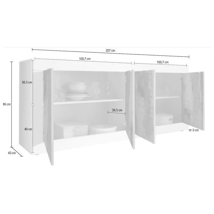 Buffet BASICO - Décor Noir mat et Chene Pero - 4 Portes - L 207 x P 4