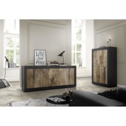 Buffet BASICO - Décor Noir mat et Chene Pero - 4 Portes - L 207 x P 43 x H 86 cm