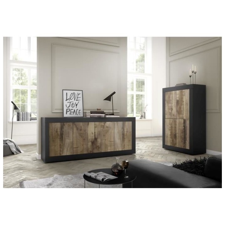 Buffet BASICO - Décor Noir mat et Chene Pero - 4 Portes - L 207 x P 4