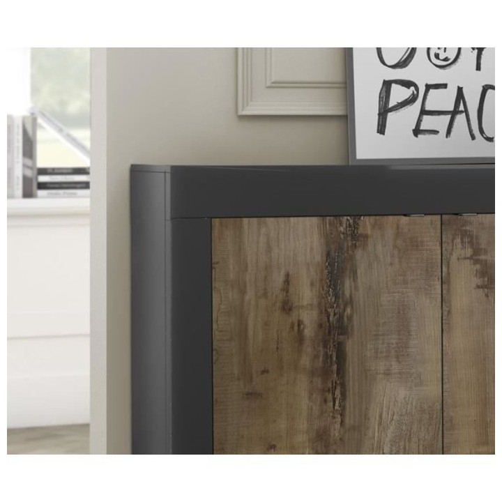 Buffet BASICO - Décor Noir mat et Chene Pero - 4 Portes - L 207 x P 4