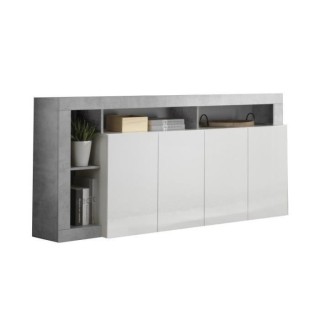 Buffet MAESTRO - Décor béton et blanc laqué brillant - 4 portes - L