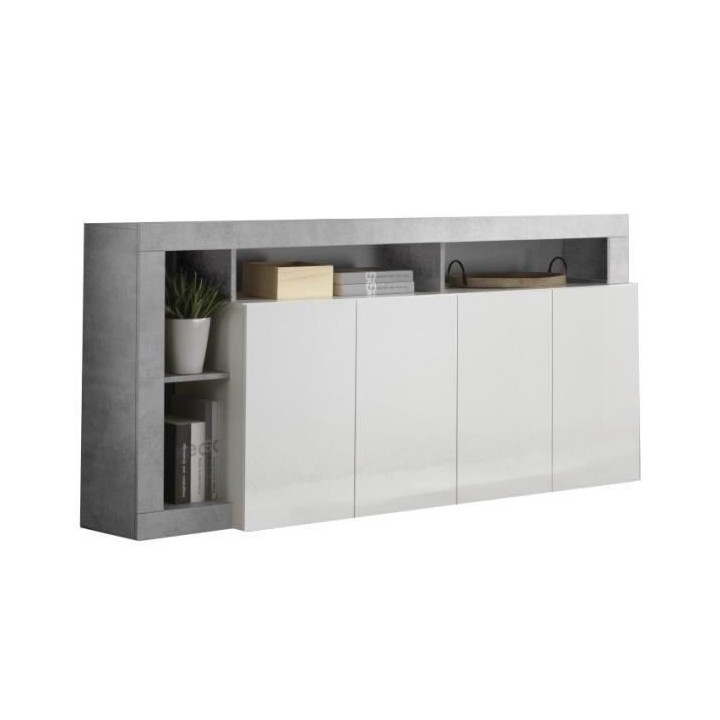 Buffet MAESTRO - Décor béton et blanc laqué brillant - 4 portes - L
