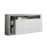 Buffet MAESTRO - Décor béton et blanc laqué brillant - 4 portes - L 184 x P 42 x H 93 cm