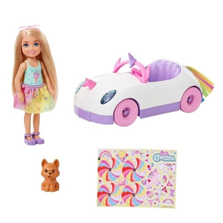 Barbie - Chelsea et sa décapotable licorne et arc-en-ciel, avec autoc