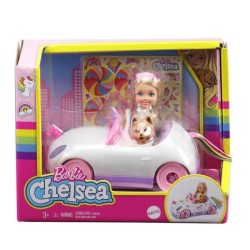 Barbie - Chelsea et sa décapotable licorne et arc-en-ciel, avec autocollants et accessoires - Véhicule Poupée Mannequin - Des