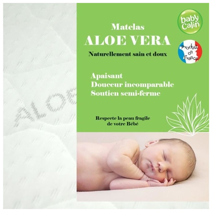 BABYCALIN Matelas de lit 24kg/m3 déhoussable Aloe Vera 60x120x10cm