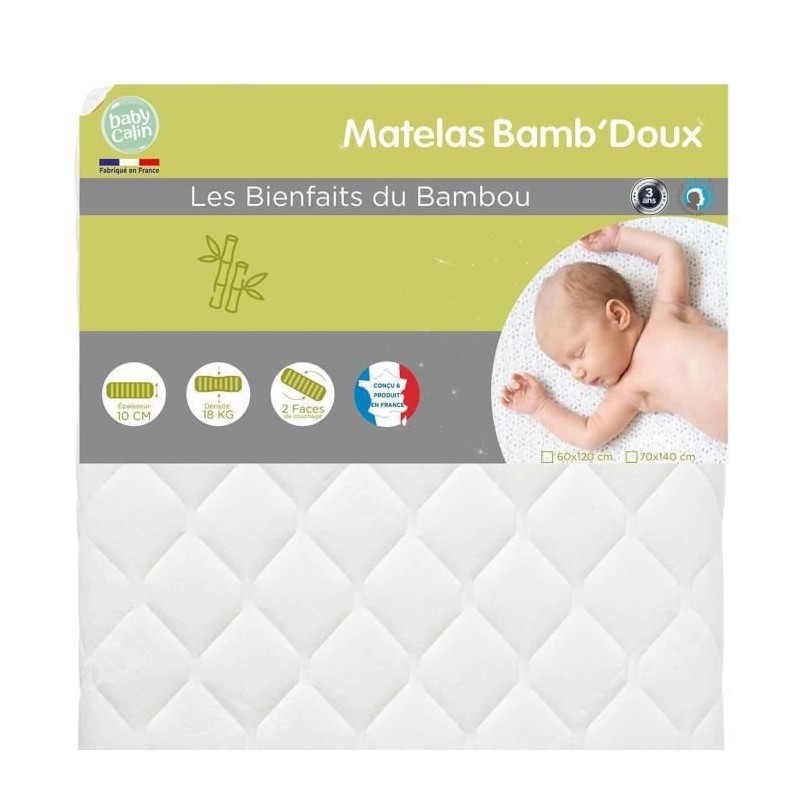 BABYCALIN Matelas de lit 24kg/m3 déhoussable Viscose bambou 60x120x10cm