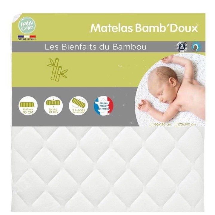 BABYCALIN Matelas de lit 24kg/m3 déhoussable Viscose bambou 60x120x10