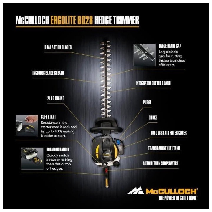 Taille-haies thermique MCCULLOCH - ErgoLite 6028 - 22 cc - 59 cm - Ré