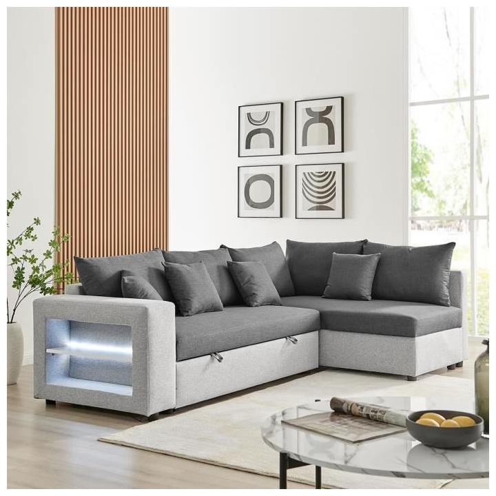 Canapé d'angle convertible droit + coffre de rangement + 4 coussins -