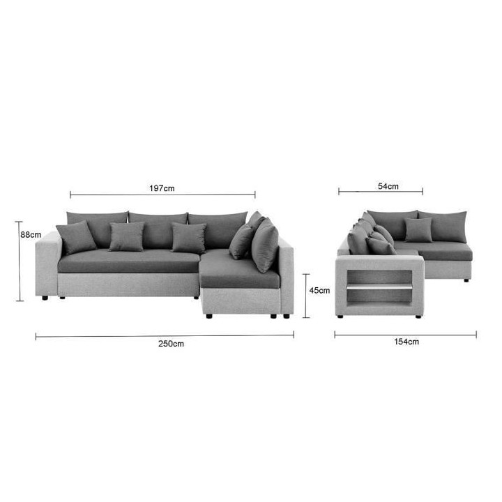 Canapé d'angle convertible droit + coffre de rangement + 4 coussins -