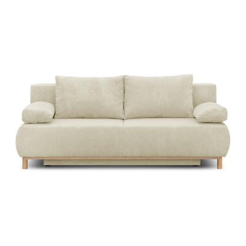 Banquette convertible 3 places MIKA - Velours côtelé Beige - Coffre de rangement - L 192 x H 84 x P 93 cm