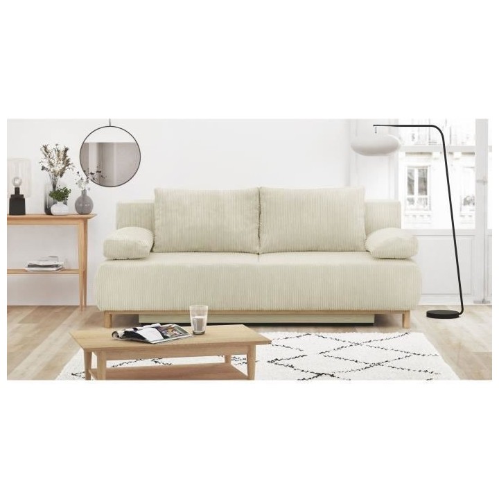 Banquette convertible 3 places MIKA - Velours côtelé Beige - Coffre