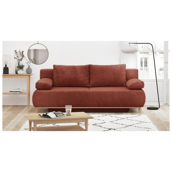 Banquette convertible 3 places MIKA - Velours côtelé Terracotta - Co