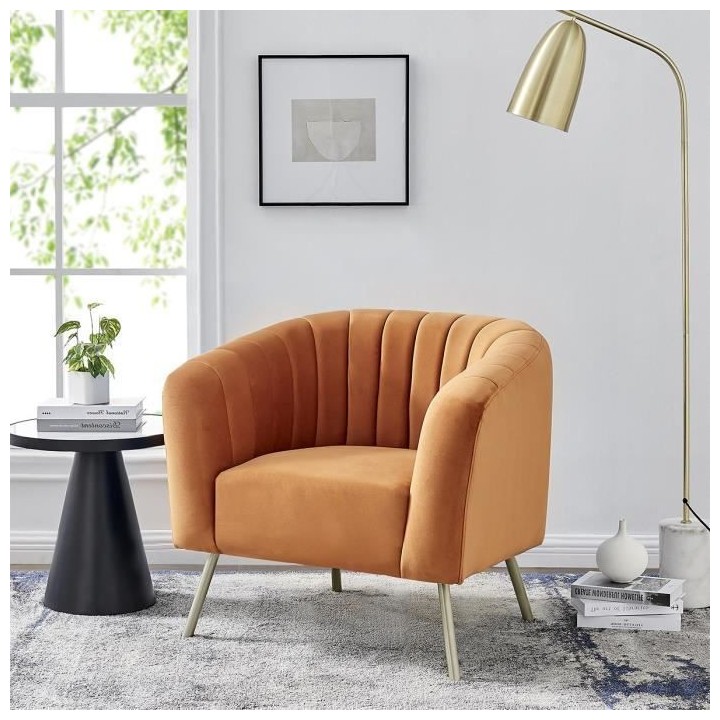 Fauteuil en Velours Terracotta - Pieds dorés - MATHIS
