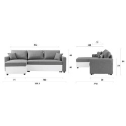 Canapé d'angle réversible convertible grand couchage + coffre - Tissu Blanc et gris - L 228 x P 148 x H 86 cm - OWENS