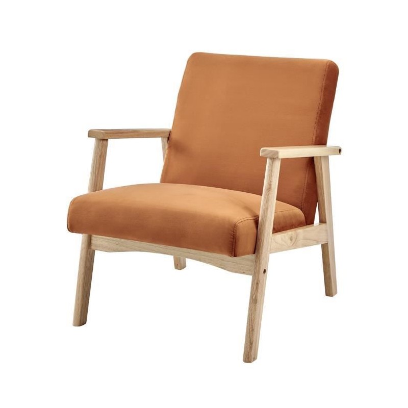 Fauteuil en Velours Terracotta - Pieds en bois naturel - L 63 x P 78 x H 75 cm - TULIO