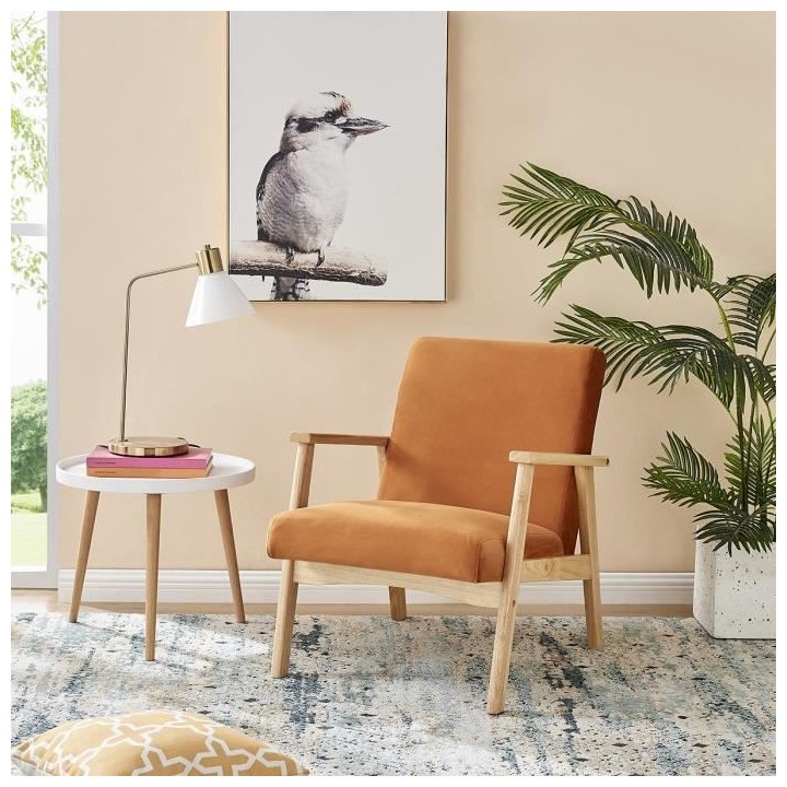 Fauteuil en Velours Terracotta - Pieds en bois naturel - L 63 x P 78 x