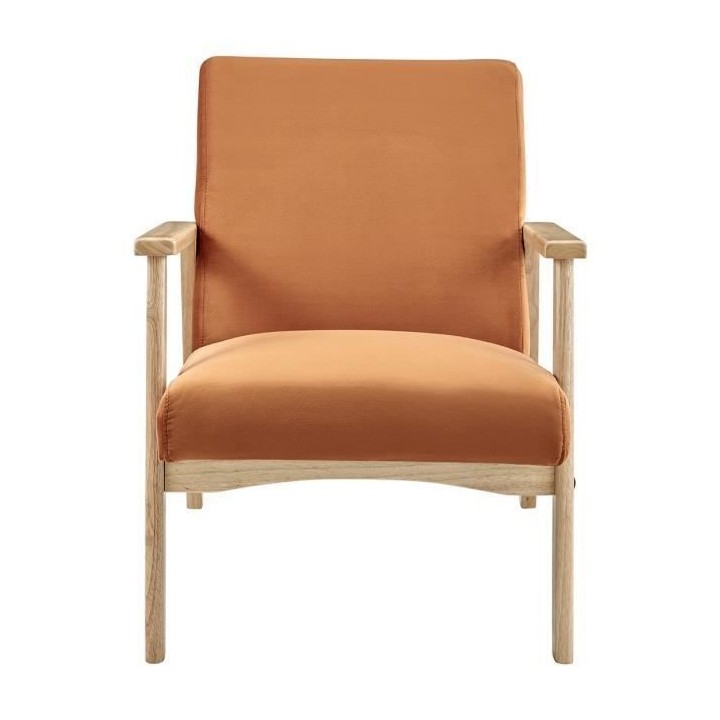 Fauteuil en Velours Terracotta - Pieds en bois naturel - L 63 x P 78 x