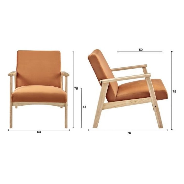 Fauteuil en Velours Terracotta - Pieds en bois naturel - L 63 x P 78 x