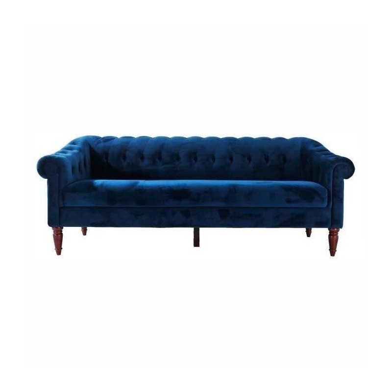 Canapé fixe 3 places Chesterfield - Velours bleu pétrole et pieds en bois - L 203,5 x P 80,5 x H 80 cm - LIAM