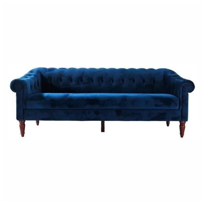 Canapé fixe 3 places Chesterfield - Velours bleu pétrole et pieds en