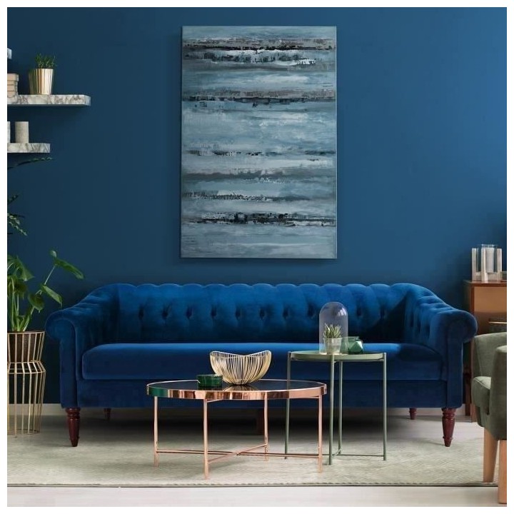 Canapé fixe 3 places Chesterfield - Velours bleu pétrole et pieds en