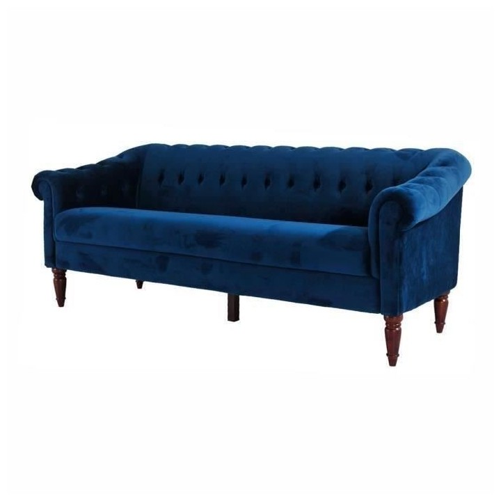 Canapé fixe 3 places Chesterfield - Velours bleu pétrole et pieds en